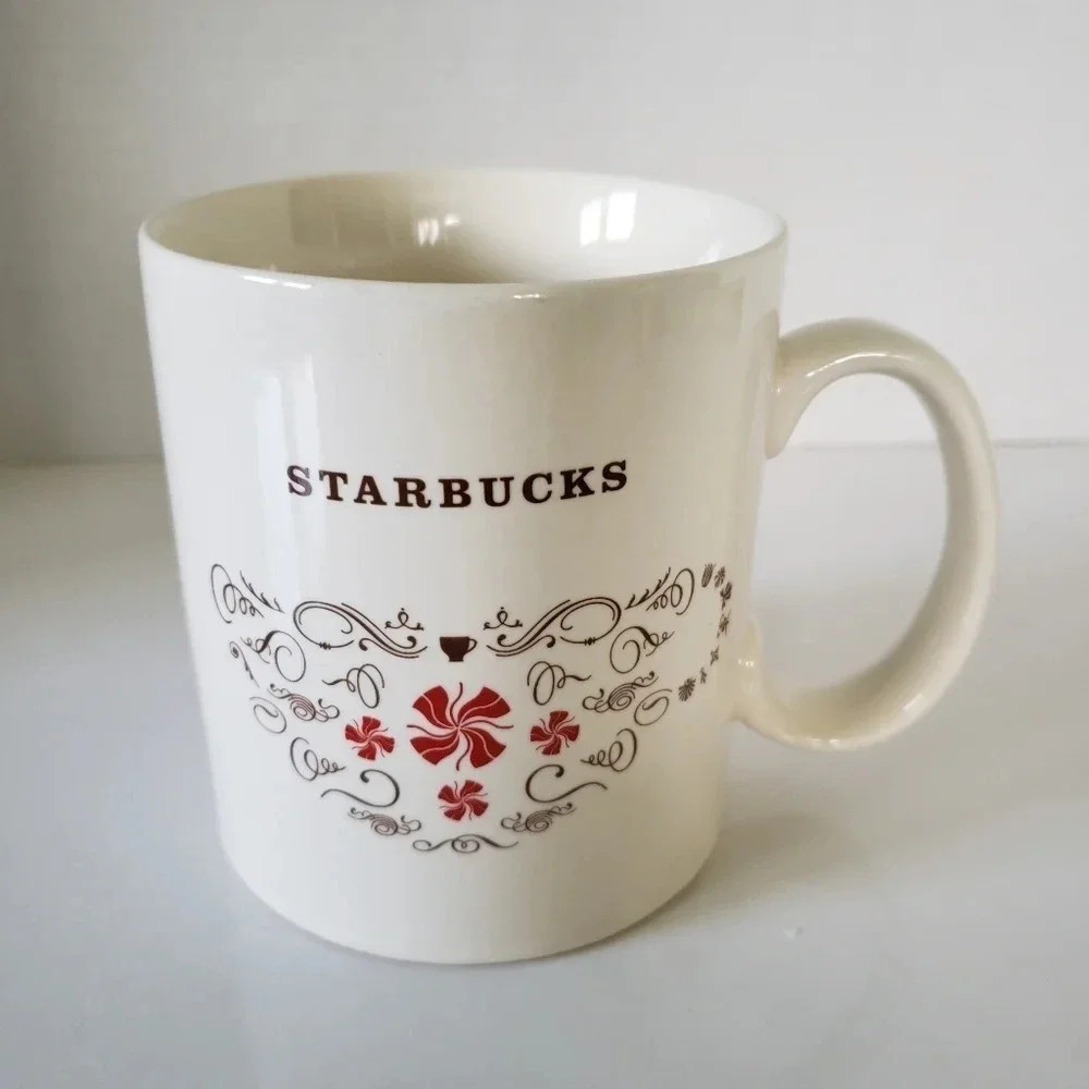 Starbucks 18oz Off-White Large Red Curly'Cue Spinner Design Coffee Mug.